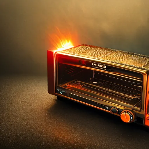 Image similar to toaster oven hangig by metallic cables, symmetry, dark messy smoke - filled cluttered workshop, dark, dramatic lighting, orange tint, sparks, cinematic, highly detailed, sci - fi, futuristic, movie still