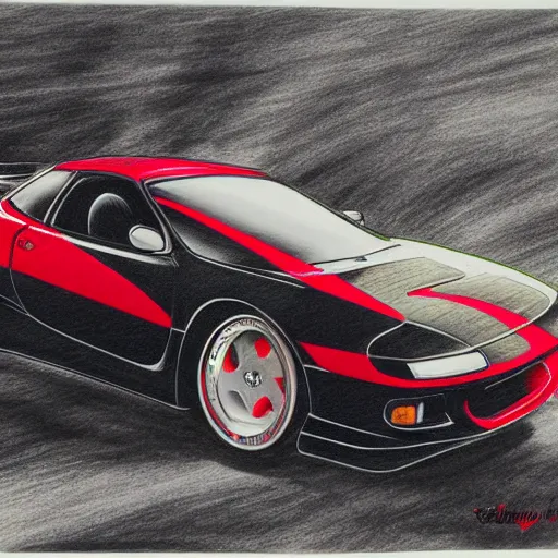 Prompt: pen ink drawing black red 1999 FD RX-7 front side view dynamic racing motion blur Shuichi Shigeno and Michiharu Kusunoki flat drawing two tone color black background-n 9