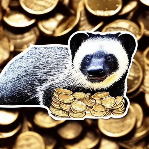 Image similar to a telegram sticker of a honey badger on a pile of gold coins