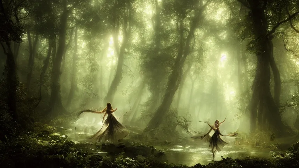 Image similar to elven princess dancing in the dark forest. andreas achenbach, artgerm, mikko lagerstedt, zack snyder, tokujin yoshioka