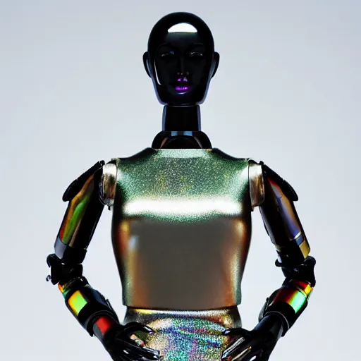 Prompt: https : / / i. pinimg. com / 5 6 4 x / 7 d / c 1 / eb / 7 dc 1 ebbe 4 0 e 4 1 b 9 4 c 0 cf 4 5 daac 4 1 0 4 d 6. jpg 3 d female mannequin robot, shinny metallic skin, with fashion revealing clothes, holographic colors, 8 k