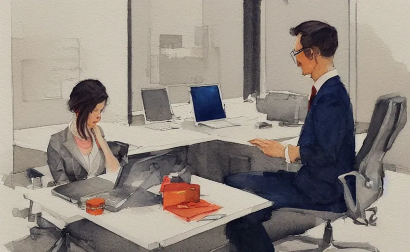 Image similar to concept art of a modern office life, pinterest, artstation trending, behance, watercolor, by coby whitmore *, silver, laser light *,