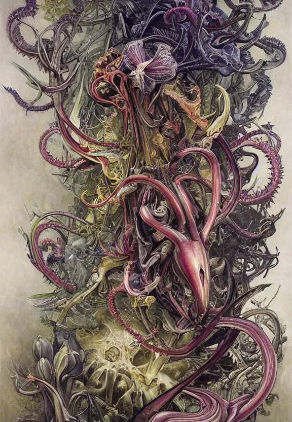 Image similar to simplicity, elegant, colorful muscular eldritch orchids, lilies, flowers, bodies, neon radiating from fractal, mandalas, by h. r. giger and esao andrews and maria sibylla merian eugene delacroix, gustave dore, thomas moran, pop art, giger's biomechanical xenomorph, art nouveau