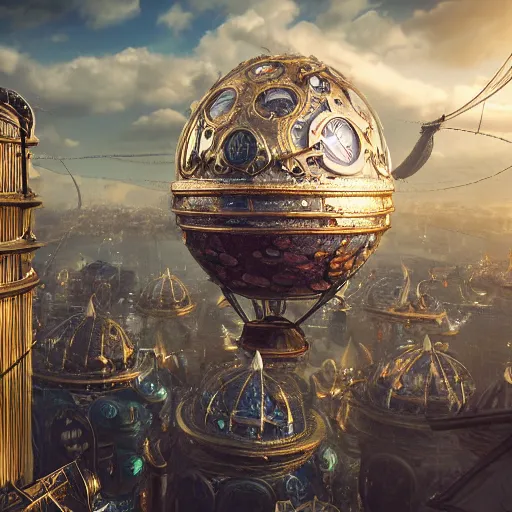 Image similar to enormous flying city in a faberge egg encircled by giant metallic petals, cloudy sky background, steampunk, fantasy art, masterpiece, unreal engine