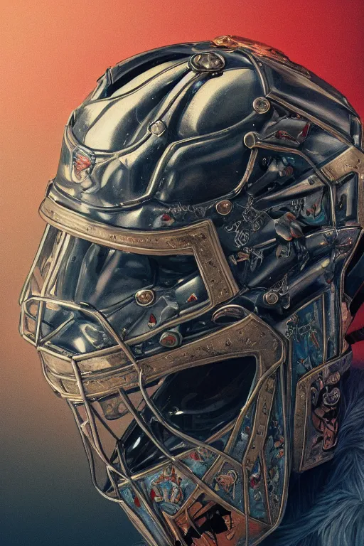 Image similar to a portrait of a hockey goalie helmet with a japanese devil skull animal illustrated by miyazaki by karol bak, james jean, tom bagshaw, rococo, sharp focus, trending on artstation, cinematic lighting, hyper realism, octane render, 8 k, hyper detailed, vivid, ultra detailed, highly detailed