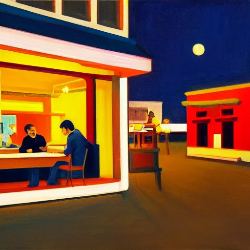 Image similar to an astronaut in front of a restaurant at the evening, in the style of Edward Hopper, 4k,