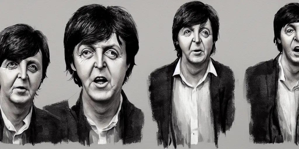 Image similar to Paul McCartney portrait, kim jung gi style, Greg Rutkowski, Zabrocki, Karlkka, Jayison Devadas, trending on Artstation, 8K, ultra wide angle, zenith view, pincushion lens effect