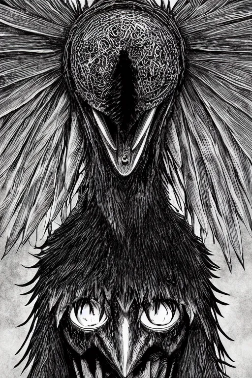 Image similar to crow monster, symmetrical, highly detailed, digital art, sharp focus, trending on art station, kentaro miura manga art style