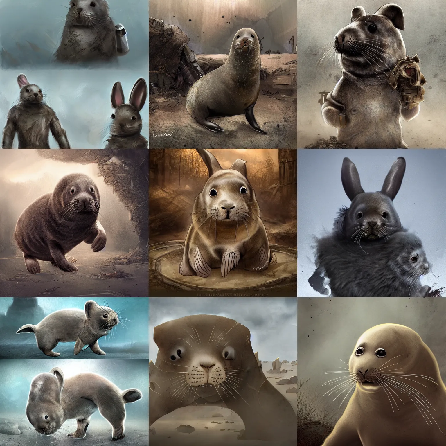 Prompt: seal bunny chimera, post apocalyptic, award winning digital art, featured on artstation