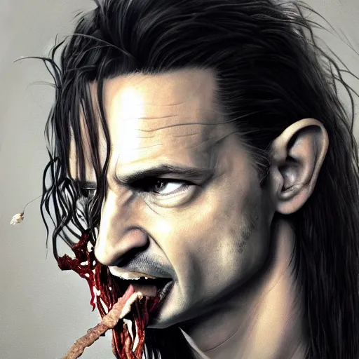 Image similar to portrait of a young dave gahan with long stringy hair as a zombie eating some meat, 7 days to die zombie, fine art, award winning, intricate, elegant, sharp focus, cinematic lighting, highly detailed, digital painting, 8 k concept art, art by guweiz and z. w. gu, masterpiece, trending on artstation, 8 k