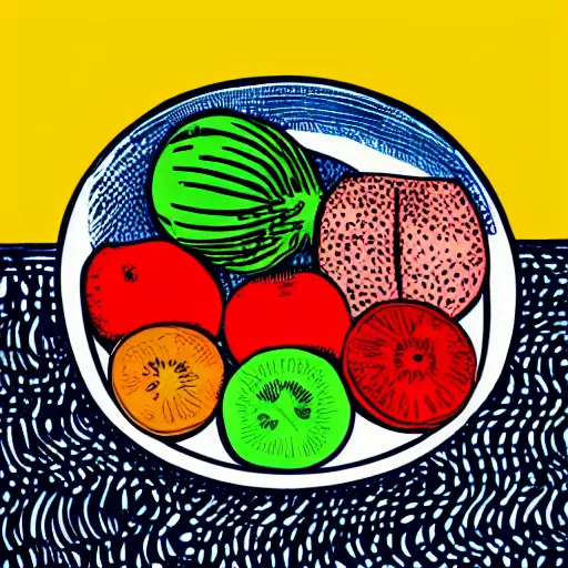 Prompt: bowl of fruit, linocut, very beautiful masterpiece