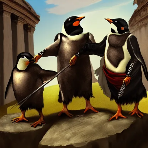 Prompt: penguin conquistadors in rome, artstation, history, nature, goya