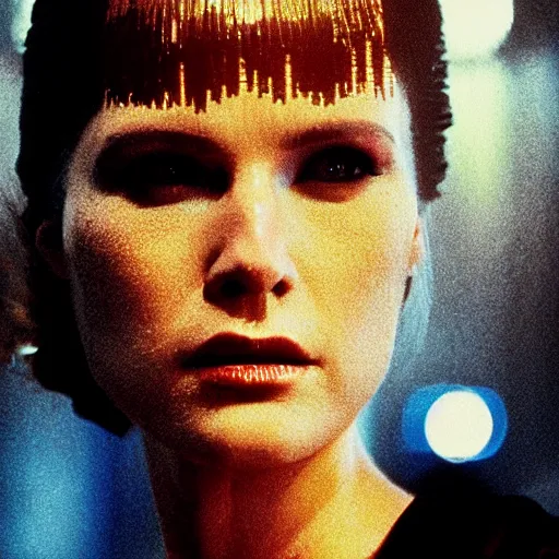 Prompt: close up portrait of rachael tyrell from blade runner at tyrell headquarters photographed by annie leibovitz, cyberpunk, colorful!, nighttime!, raining!