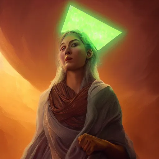 Image similar to epic portrait an person having an green glowing plumbob floating above their head, pretty, digital painting, artstation, concept art, soft light, hdri, smooth, sharp focus, illustration, fantasy, intricate, elegant, highly detailed, D&D, matte painting, in the style of Greg Rutkowski and Alphonse Mucha and artemisia, 8k, highly detailed, jurgens, rutkowski, bouguereau, pastoral, rustic, georgic