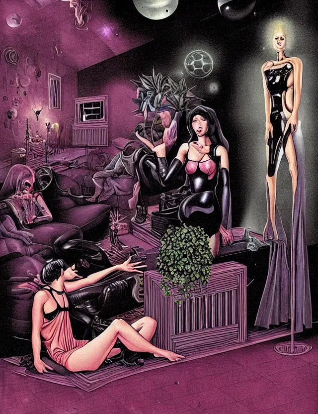 Prompt: Man and woman start to bounce in a living room of a house, floating dark energy surrounds the middle of the room. There is one living room plant to the side of the room, and another woman with siren body sitting on the sofa, surrounded by a background of dark cyber mystic alchemical transmutation heavenless realm, cover artwork by philippe caza and Jenny seville, midnight hour, part by francis bacon + adrian ghenie, part by jeffrey smith, part by josan gonzales, part by norman rockwell, part by phil hale, part by kim dorland, rich deep color scheme, artstation, matte gouache illustration, highly detailed,