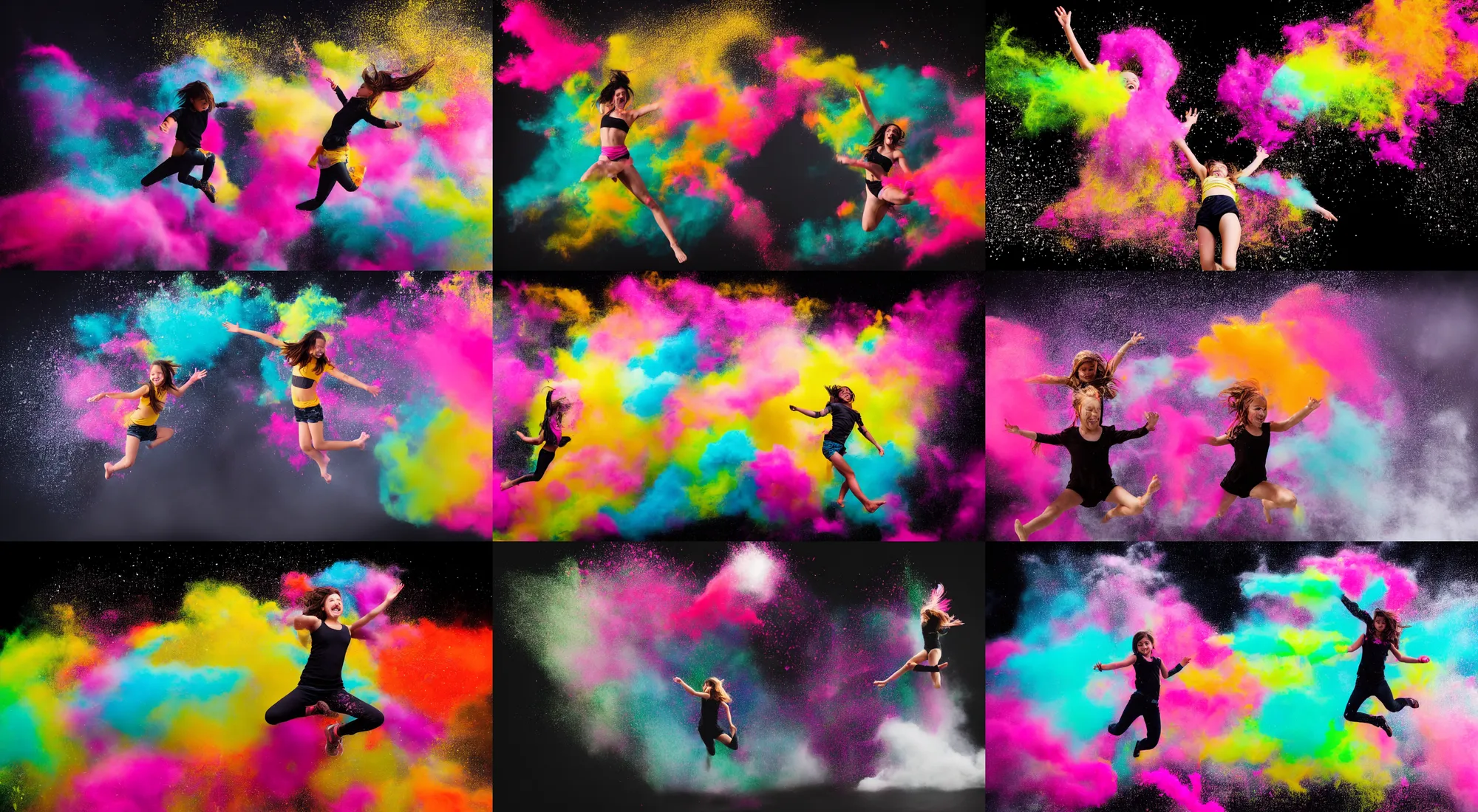 Prompt: a girl jumping through a centered explosion of colorful powder on a black background