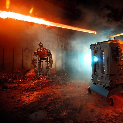 Image similar to toaster oven terminator robot, dark messy smoke - filled cluttered workshop, dark, dramatic lighting, orange tint, sparks, cinematic, highly detailed, sci - fi, futuristic, movie still