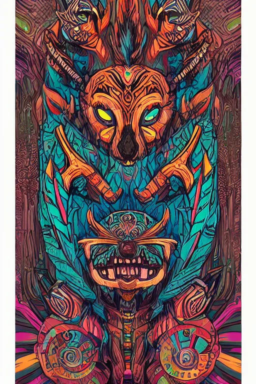 Image similar to totem animal mask tribal feather gemstone plant wood rock shaman vodoo video game vector illustration vivid multicolor borderlands comics by josan gonzales and dan mumford radiating a glowing aura