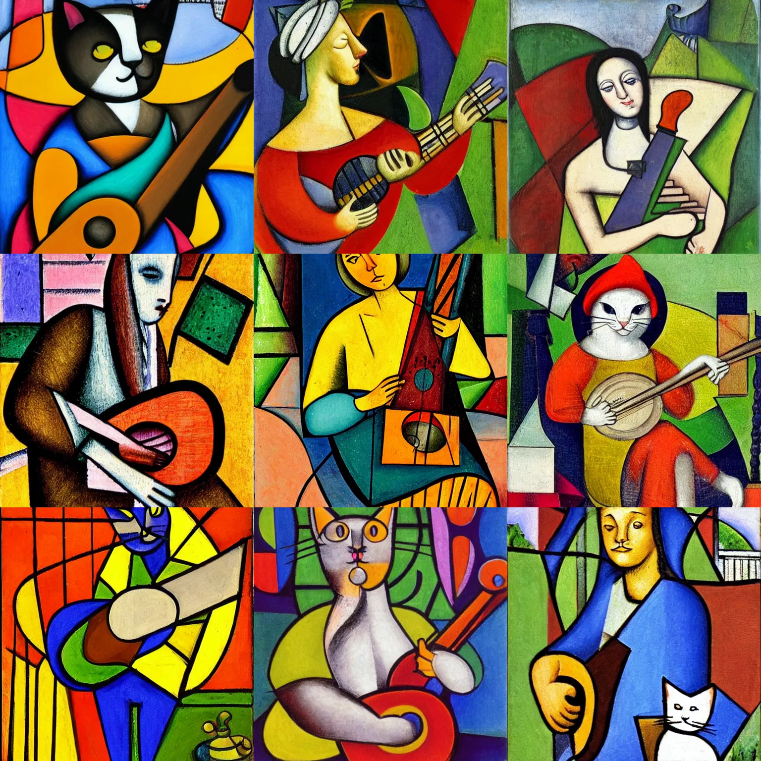 Prompt: cat playing lute in the garden, medieval portrait, cubism, colorful