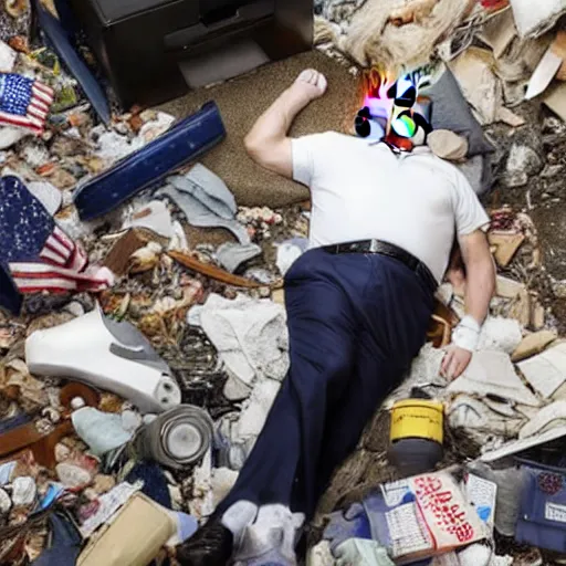 Prompt: donald trump asleep on the floor in a room full of garbage and destroyed objects