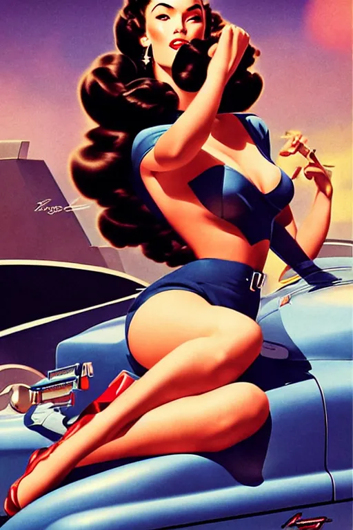 Image similar to beautiful retro space megan fox varga girl sitting on a corvette in diesel punk city, windblown dark hair, retro pinup model, seductive, 1 9 4 0, glamour pose, intricate, smoke, hyper detailed, digital art, smooth, sharp focus, alberto vargas, gil elvgren, greg rutkowski