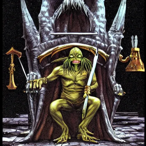 Prompt: goblin king, sitting on a throne, surrounded by his minion, dark fantasy, in the style of ted nasmith