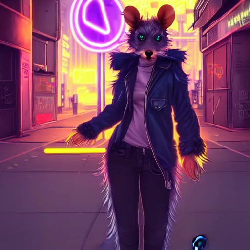 Image similar to beautiful furry digital art portrait commission of an androgynous furry anthro rat fursona wearing punk clothes in the streets of a cyberpunk city. neon signs. character design by charlie bowater, ross tran, artgerm, and makoto shinkai