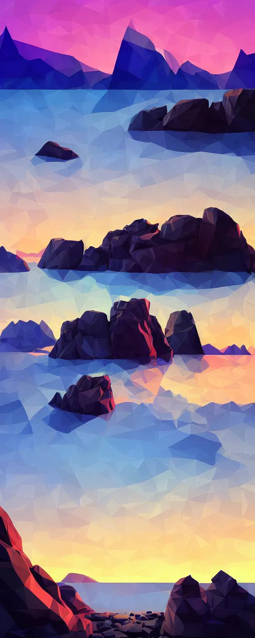 Image similar to super detailed color lowpoly art, northern sunset with rocks on front, monochrome photorealistic bay in the middle of perspective and mountains at background, big graphic vessel in the middle of composition, unreal engine, high contrast color palette, 3 d render, lowpoly, colorful, digital art, perspective, full volume composition, robb cobb, robert mccall, syd mead