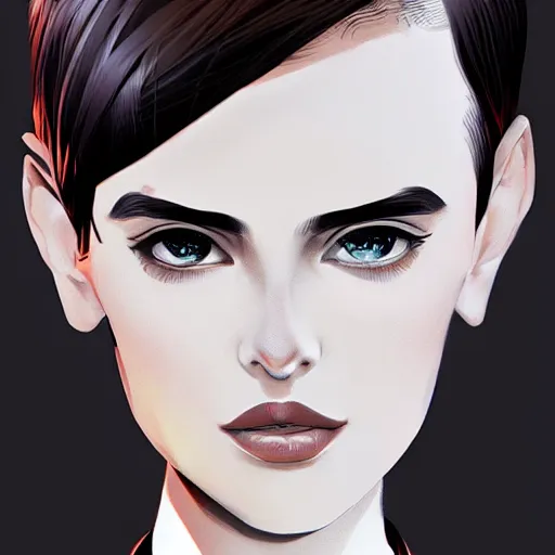 Image similar to girl in tuxedo with black chaotic wavy short haircut, elegant, 2d, ultra highly detailed, digital painting, smooth, sharp focus, artstation, art by Ilya Kuvshinov