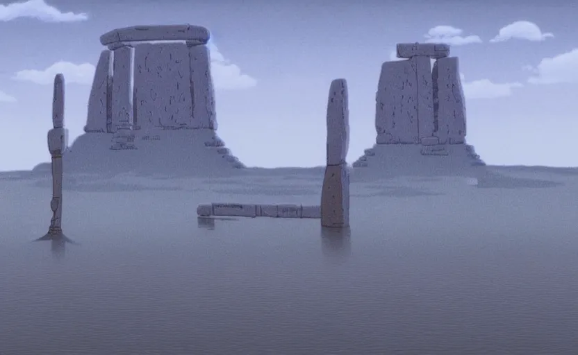 Image similar to a realistic cell - shaded studio ghibli concept art from paprika ( 2 0 0 6 ) of a flying intelligent dull grey mechanical octopus from close encounters of the third kind ( 1 9 7 7 ) in a flooded monument valley stonehenge. very dull colors, wide shot, hd, 4 k, hq