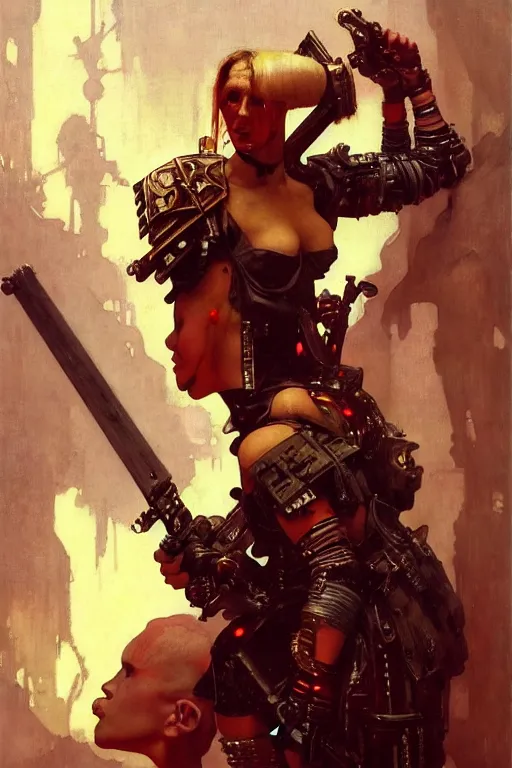 Image similar to full character portrait max mad cyberpunk warhammer 4 0 k, barbarian medic supersoldier not the girl with the pearl earring character design, painting by gaston bussiere, katsuya terada, nc wyeth, greg rutkowski, craig mullins, vermeer, frank frazetta, mucha, tom of finland, trending on artstation, jeffery catherine jones