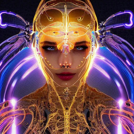 Prompt: very beautiful woman integrating with technology, full face frontal centered, portrait, insipiring, detailed intricate ornate neon pulsating cables connected to head, clear luminous eyes, luxurious detailed abundent wiring and implants, gold, renaissance, sci - fi, detailed technology background with cyber flowers and insects, dramatic lighting, photography, highly detailed, artstation, 8 k,