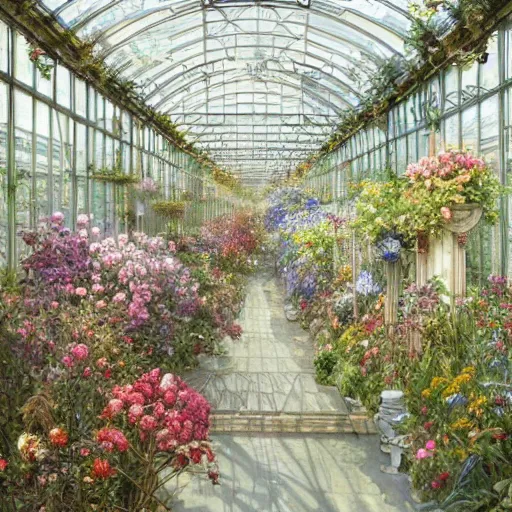 Prompt: a beautifull intricate watercolour painting of a greenhouse with many flowers, reflexions, verry high details by william turner art, greg rutkowski and alphonse mucha, trending on artstation, very very detailed, masterpiece, - h 7 0 4