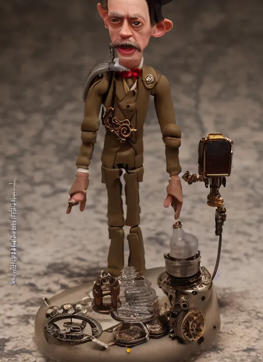 Image similar to product photography of a claymation action figure steampunk steve buscemi, depth of field, zeiss lens, detailed, centered, by erwin olaf, joop geesink, wes anderson, breathtaking, 8 k resolution, extremely detailed, beautiful, establishing shot, realistic materials, hyperrealistic