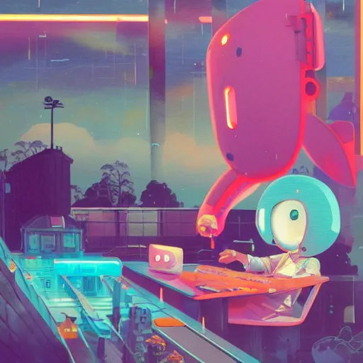 Image similar to a kawaii gouache painting, by yoshitomo nara, by beeple, by yoshitaka amano, by victo ngai, by shaun tan, by good smile company, detailed anime 3 d render of an attractive male modular mechanical android, portrait, cgsociety, by peter mohrbacher, by lisa frank, futuristic setting, gel lighting neon glow -