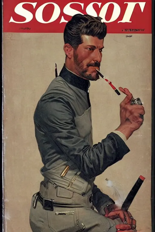 Prompt: Adam Jensen holding a cigarette in his robot hand, The Saturday Evening Post cover, by J. C. Leyendecker