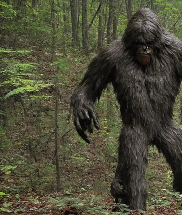 Image similar to bigfoot vs. mothman, cryptid battle, found footage, eerie, foreboding