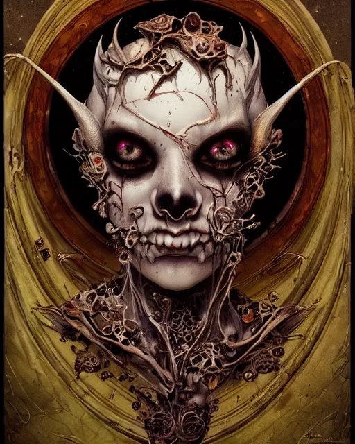 Image similar to perfectly centered portrait front view of a angry dead rotten beautiful broken skull growing ornamentation all around, ornate, detailed, symmetrical, elegant, beautifully soft lit, by wayne barlowe, peter mohrbacher, kelly mckernan