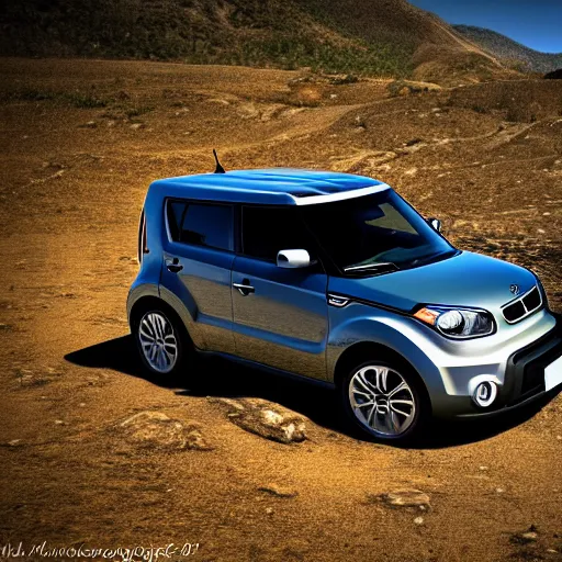 Image similar to Kia Soul, Professional Photography, Skyrim, Off-roading, Mountain landscape, dirt, road, cinematic color, photorealistic, highly detailed wheels, highly detailed