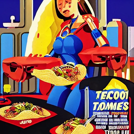 Prompt: robot woman eating tacos, tacos eating robot woman, movie poster