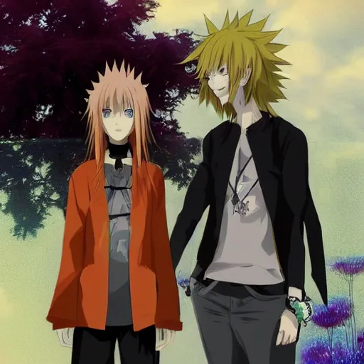 Prompt: orange - haired anime boy, 1 7 - year - old anime boy with wild spiky hair, standing next to 1 7 - year - old pale - skinned persian girl with black hair long bob cut, long bangs, black gothic jacket, ultra - realistic, sharp details, subsurface scattering, blue sunshine, intricate details, hd anime, 2 0 1 9 anime