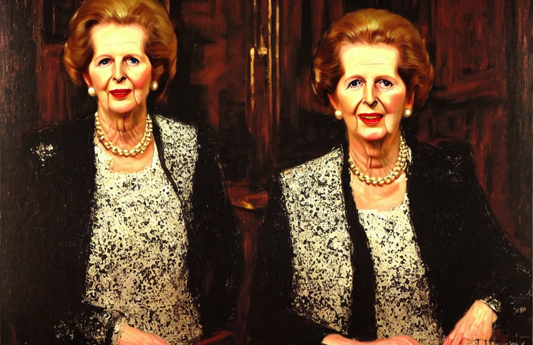 Image similar to portrait of margaret thatcher!!!!!!!!!!!!!!!!!!!!!!!!!!!, detailed face, detailed painting, detailed no. 1 0 downing street, epic lighting, by ilya repin and phil hale