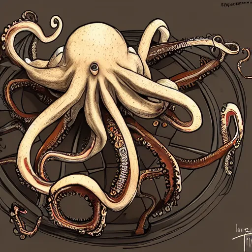 Image similar to octopus wrapped around a car wheel, illustration, artstation, detailed, smooth