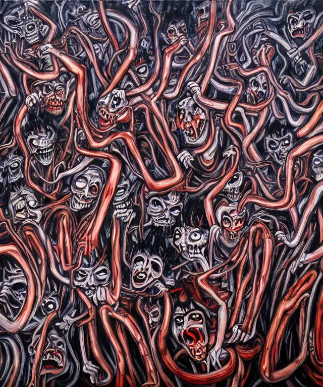 Image similar to professional fine artwork by Junji Ito of a group of cyborgs in hell. abstract expressionism thick flowing oil acrylic painting