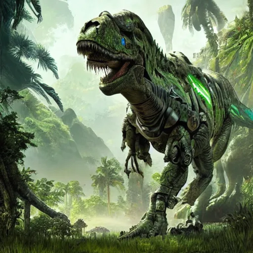 Image similar to A part cyborg part dinosaur hybrid of a T-Rex strolling along a lush green forest from the playstation 5 game Horizon Zero Dawn world, half cyborg T-Rex, sci-fi concept art, highly detailed, oil on canvas by James Gurney