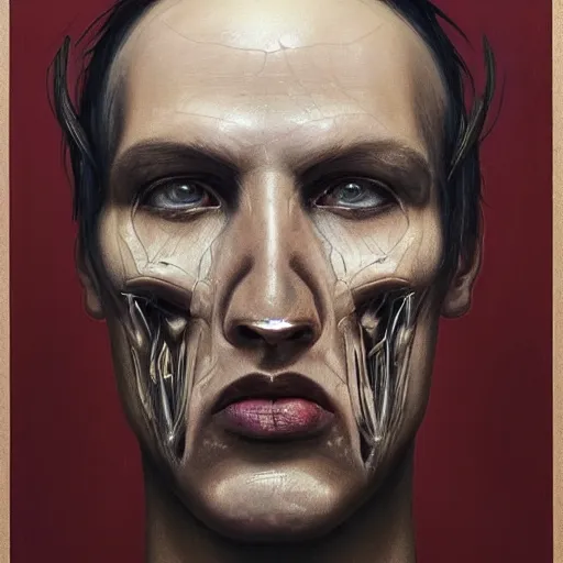 Image similar to surreal portrait of a man by Greg Rutkowski and H.R Giger, symmetrical face, he is about 30 years old, west slav features, short blonde hair with bangs, attractive, smart looking, slim, somewhat androgenic, transformed into a kind of biomechanical transhuman god, disturbing, terrifying but fascinating, with a determined and sinister expression on his face, cosmic void background, frightening, fascinating, highly detailed portrait, digital painting, book cover, artstation, concept art, smooth, sharp foccus ilustration, Artstation HQ