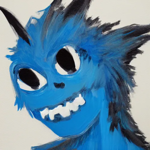 Prompt: rough painting of a blue monster in acrylic paint, white background, broad brush strokes