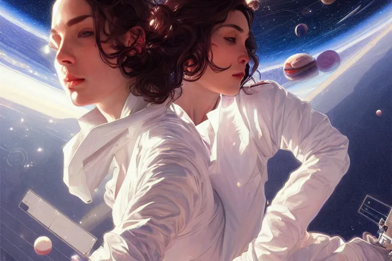 Image similar to Sensuous good looking pale young Spanish doctors wearing jeans in a space station above Earth, portrait, elegant, intricate, digital painting, artstation, concept art, smooth, sharp focus, illustration, art by artgerm and greg rutkowski and alphonse mucha