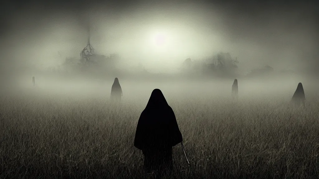 Image similar to grim reaper in a field of skulls, dark, night, foggy, scary, eerie, digital art.