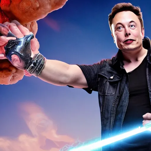 Image similar to elon musk holding the power of grayskull, 8 k uhd